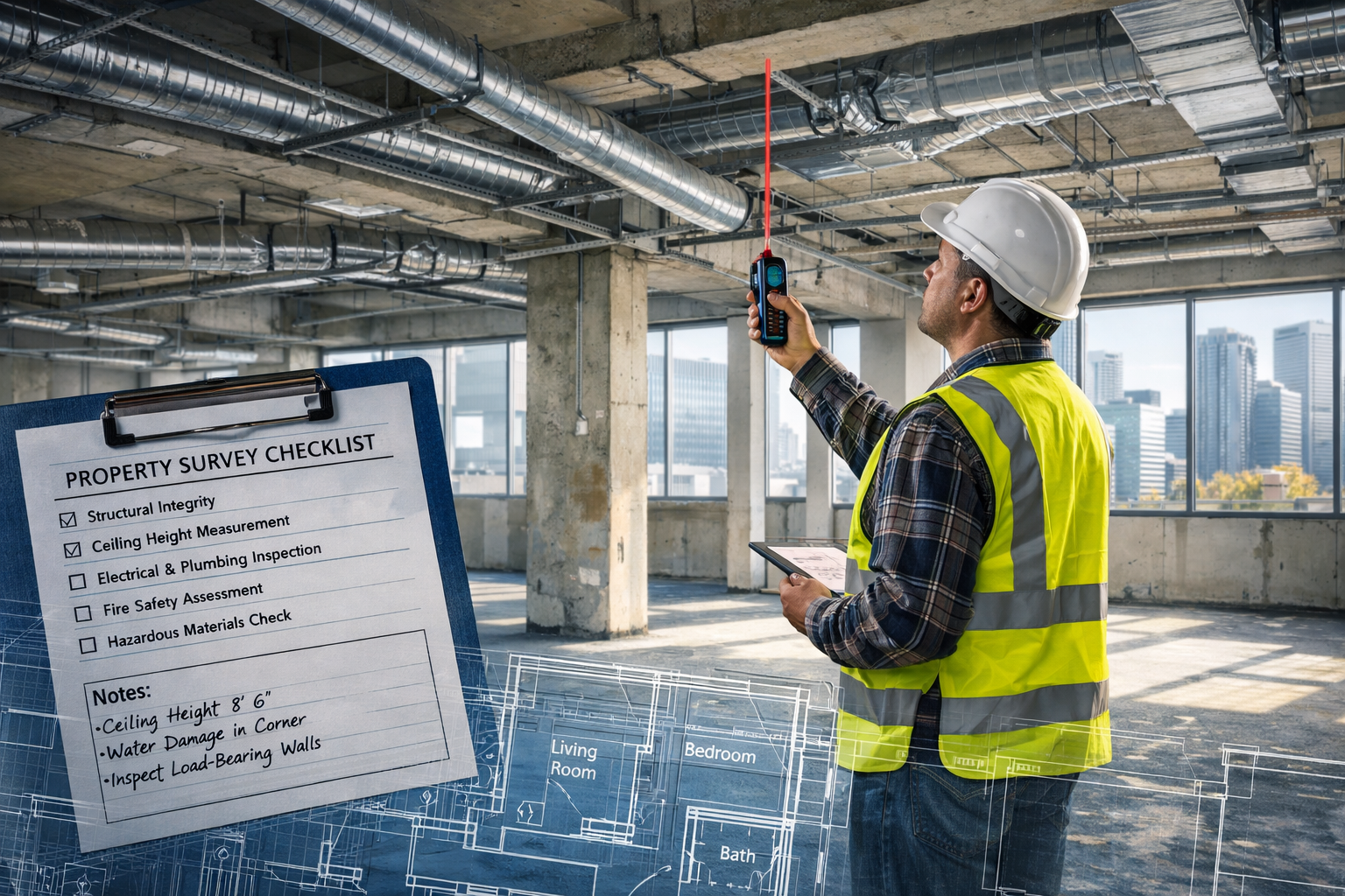 Detailed () image showing professional surveyor conducting building assessment inside vacant office space being evaluated