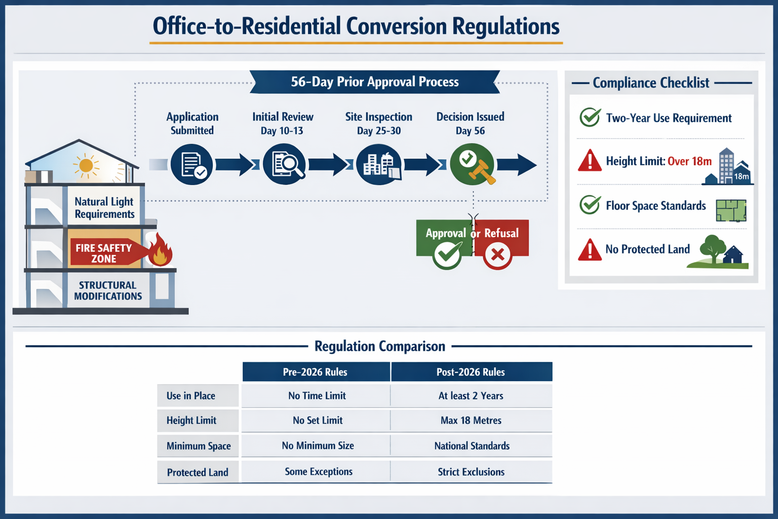 Comprehensive () infographic-style visualization displaying key regulatory compliance checkpoints for office-to-residential
