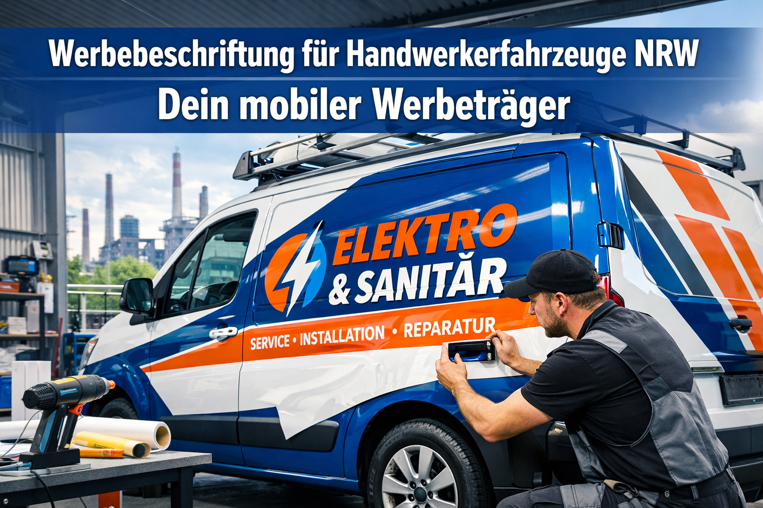 Professional landscape format (1536x1024) hero image featuring bold text overlay 'Werbebeschriftung für Handwerkerfahrzeuge NRW – Dein mobil