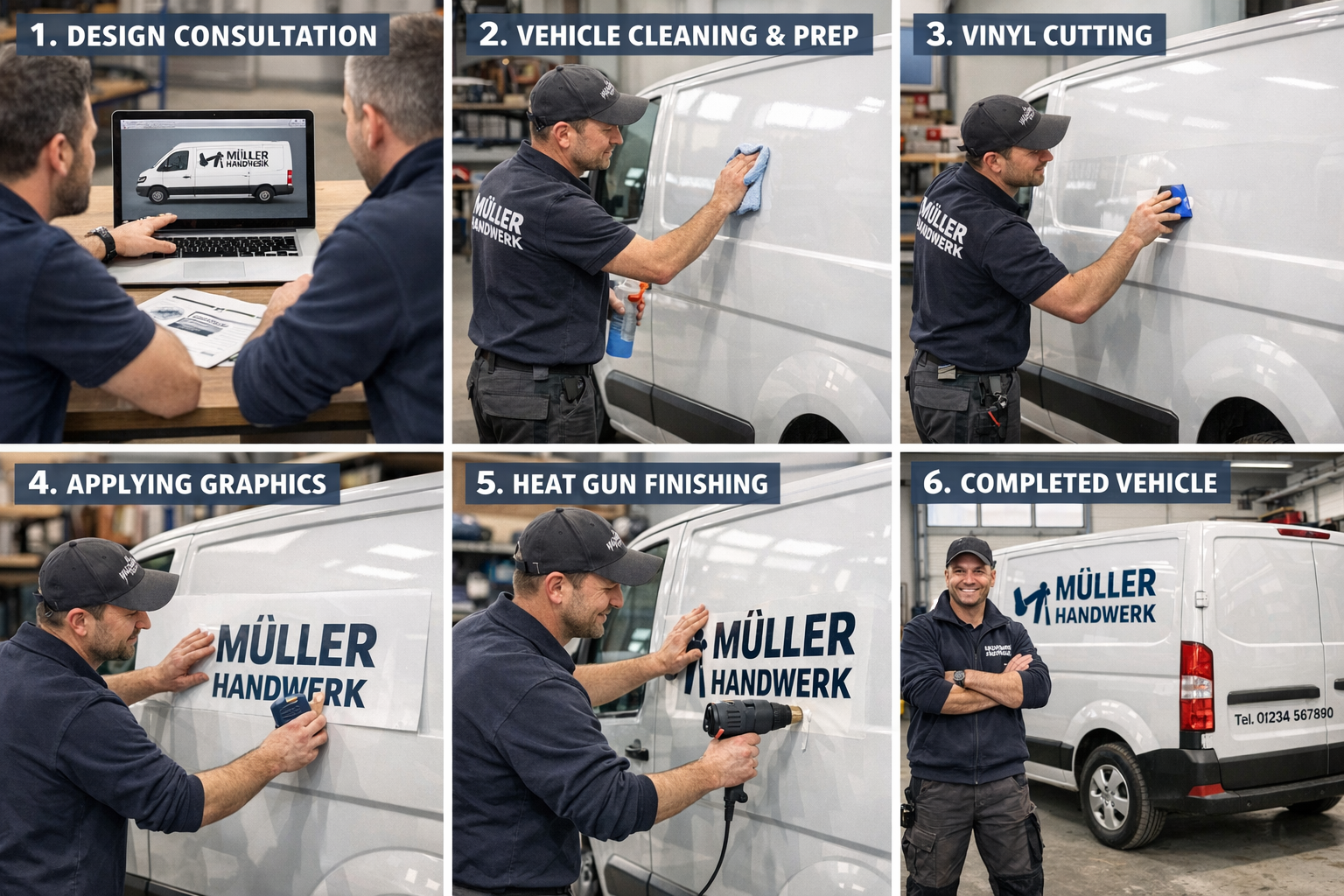 Landscape format (1536x1024) step-by-step process visualization for vehicle lettering application on craftsman van. Six-panel sequential lay