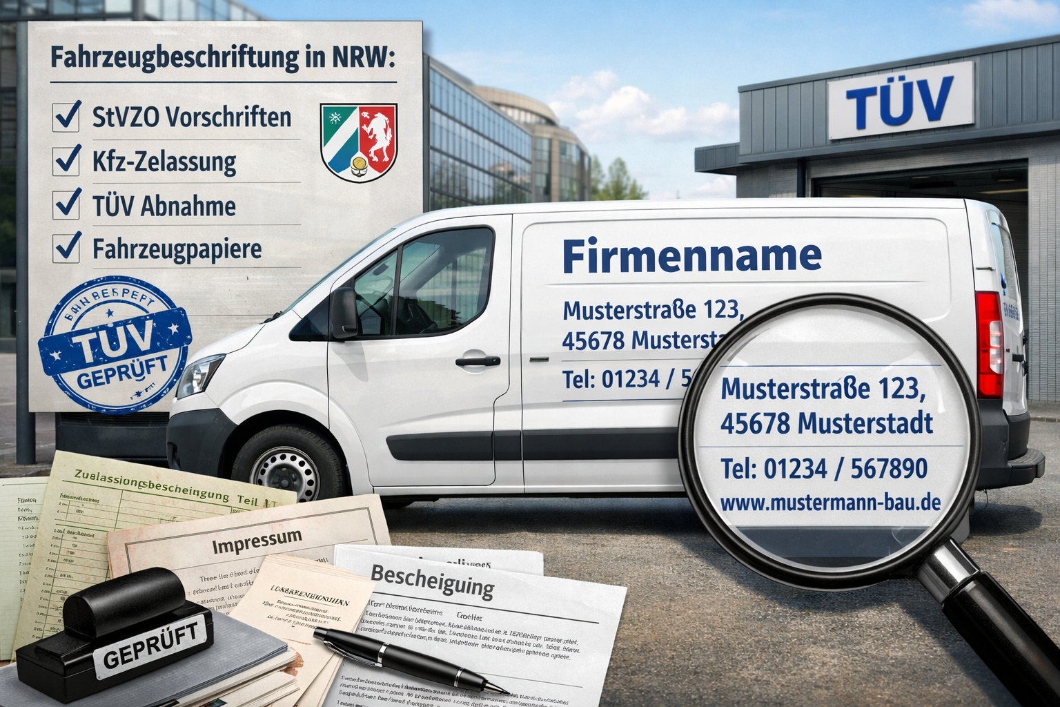 Landscape format (1536x1024) image showcasing legal compliance and regulations for Fahrzeugbeschriftung in NRW. Visual composition featuring