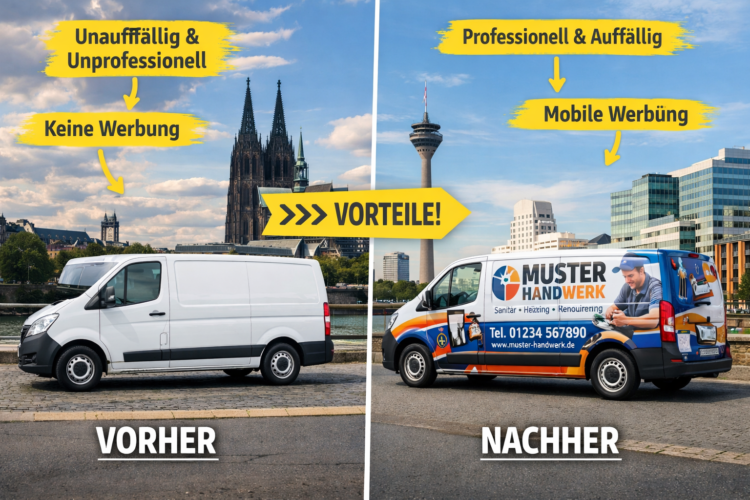 Landscape format (1536x1024) before-and-after transformation image of Handwerkerfahrzeug in NRW. Split-screen dramatic comparison: left side