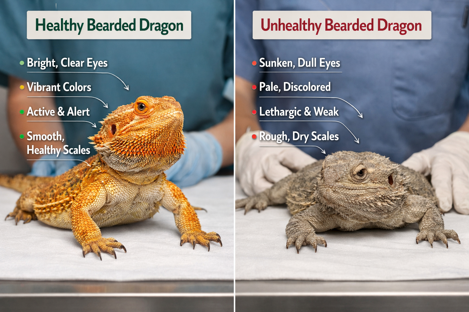 Landscape format (1536x1024) image showing comparison between healthy vs unhealthy bearded dragons side by side, with clear visual indicator