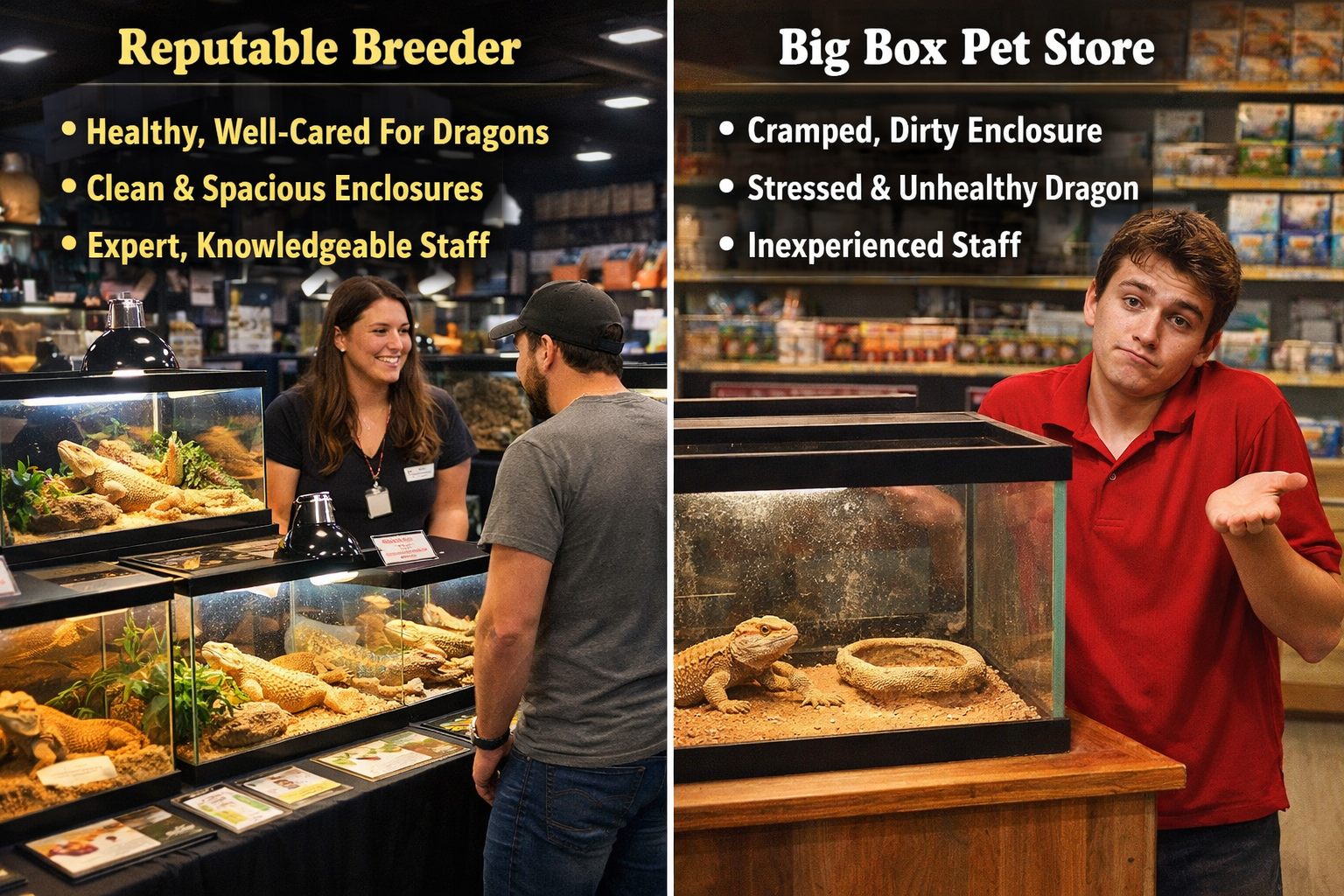 Landscape format (1536x1024) split-screen comparison showing reptile expo booth with multiple terrariums and healthy dragons versus big box 