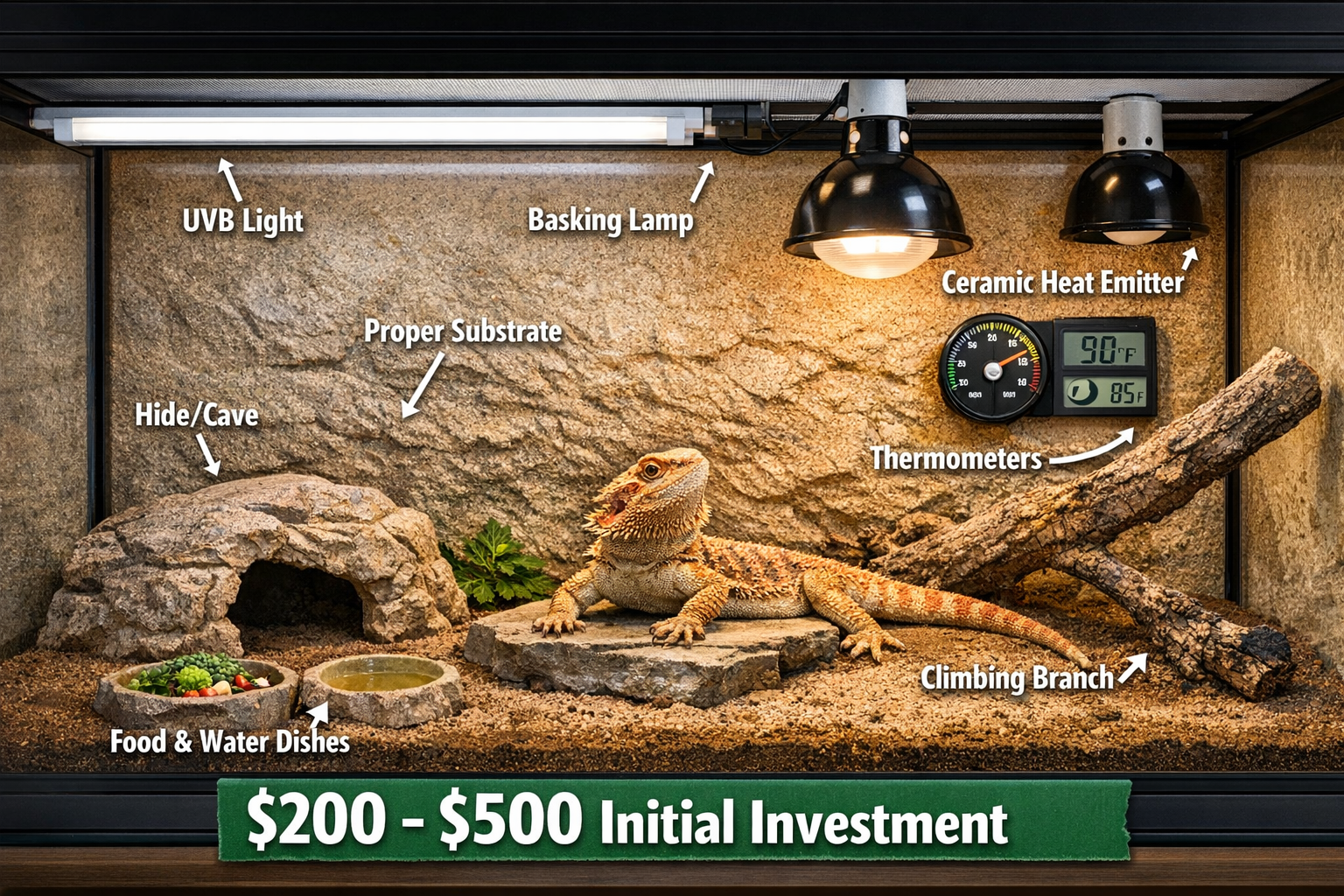 Landscape format (1536x1024) detailed bearded dragon terrarium setup showing proper 4x2x2 enclosure with UVB lighting, heating elements, sub