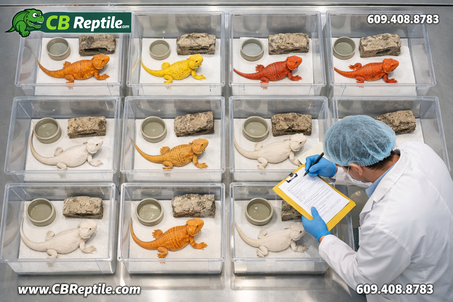 () overhead bird's-eye view of a professional reptile breeding facility showing multiple clear enclosures with bearded