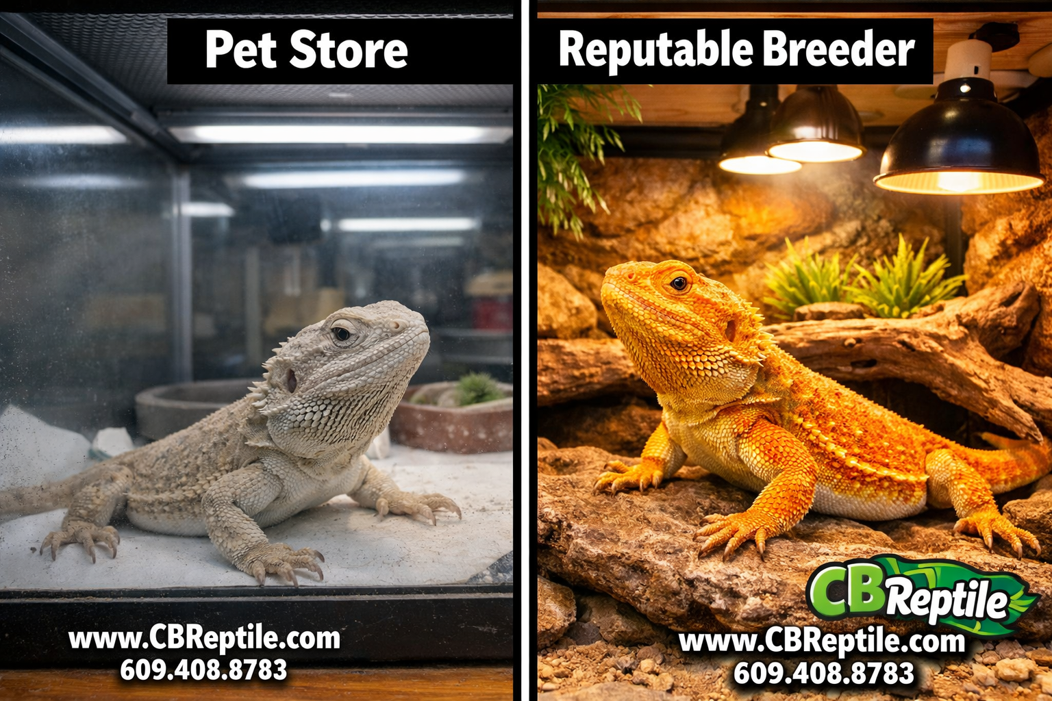 () split-scene comparison image: left side shows a dull, pale, stressed bearded dragon in a cramped pet store glass tank