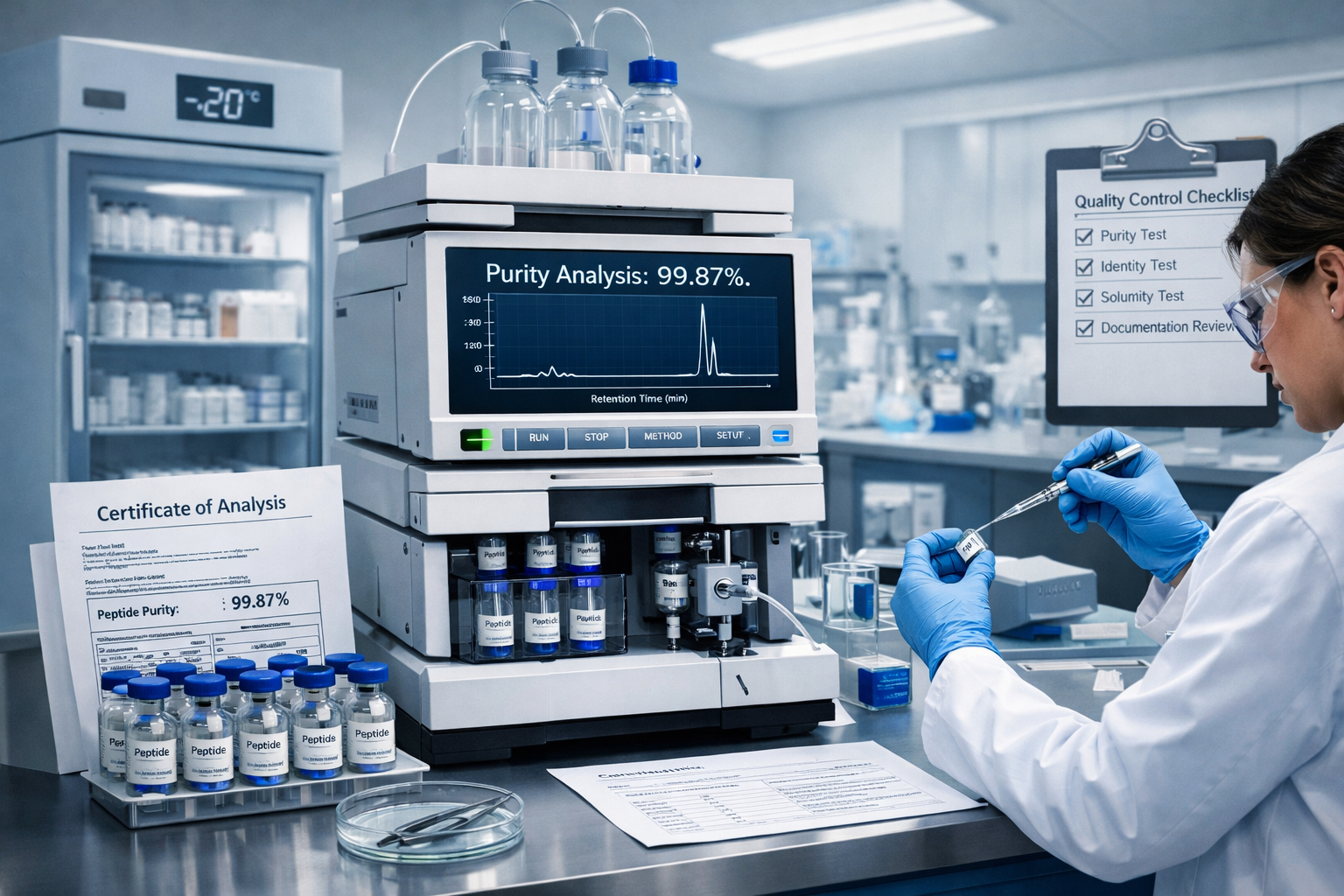 High-quality research laboratory scene in landscape format (1536x1024) showing peptide quality assurance process. Central focus on HPLC chro