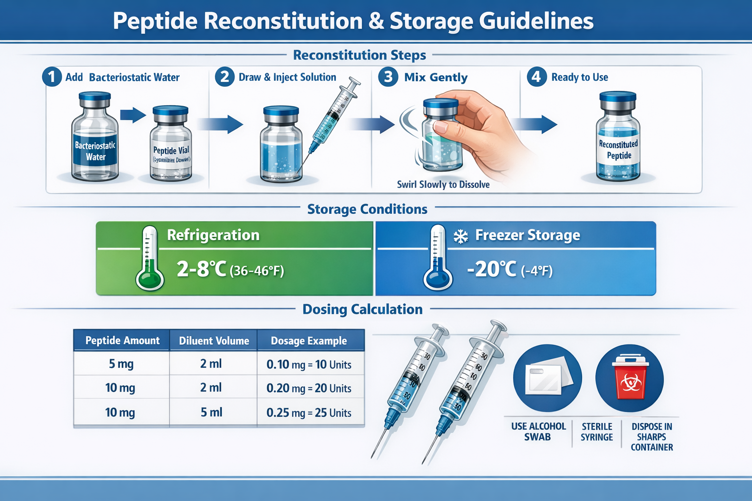 Professional infographic-style illustration in landscape format (1536x1024) depicting safe peptide reconstitution and storage protocols. Top