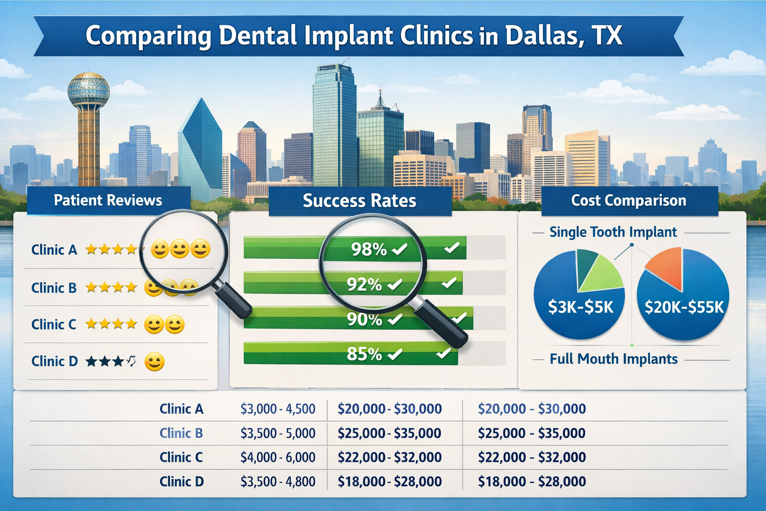 Landscape format (1536x1024) image depicting a detailed infographic comparing various dental implant clinics in Dallas, TX. The graphic shou