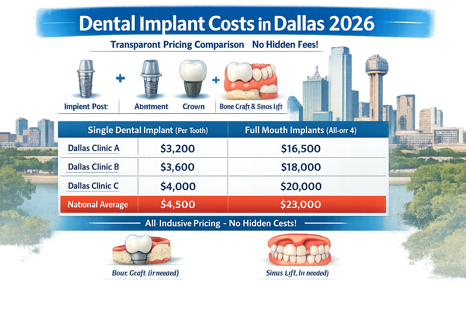 Landscape format (1536x1024) image presenting a transparent breakdown of dental implant costs in Dallas for 2026. This visual should feature