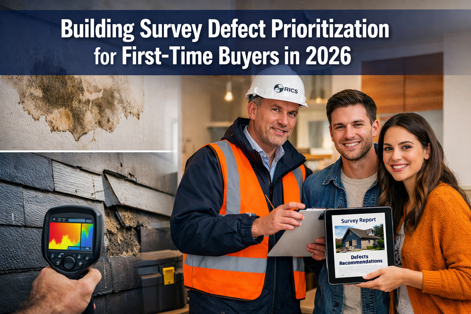 Professional () hero image featuring 'Building Survey Defect Prioritization for First-Time Buyers in 2026' in extra large