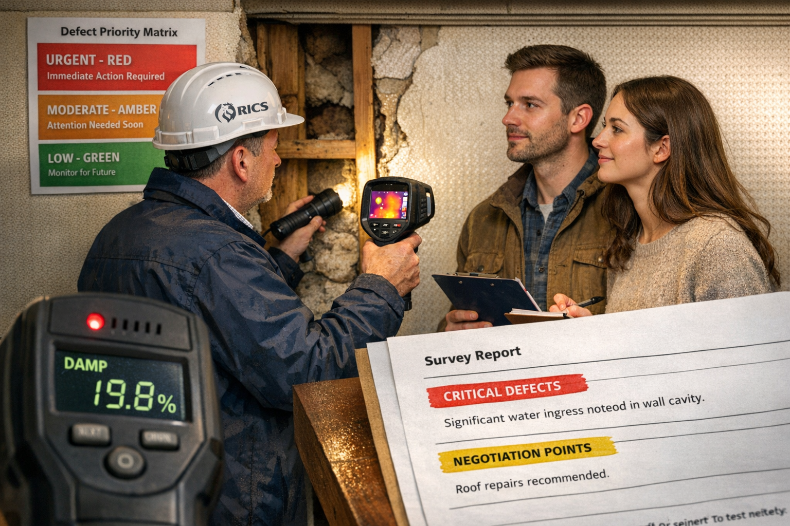 Detailed () editorial image showing RICS building surveyor conducting property inspection for first-time buyers in