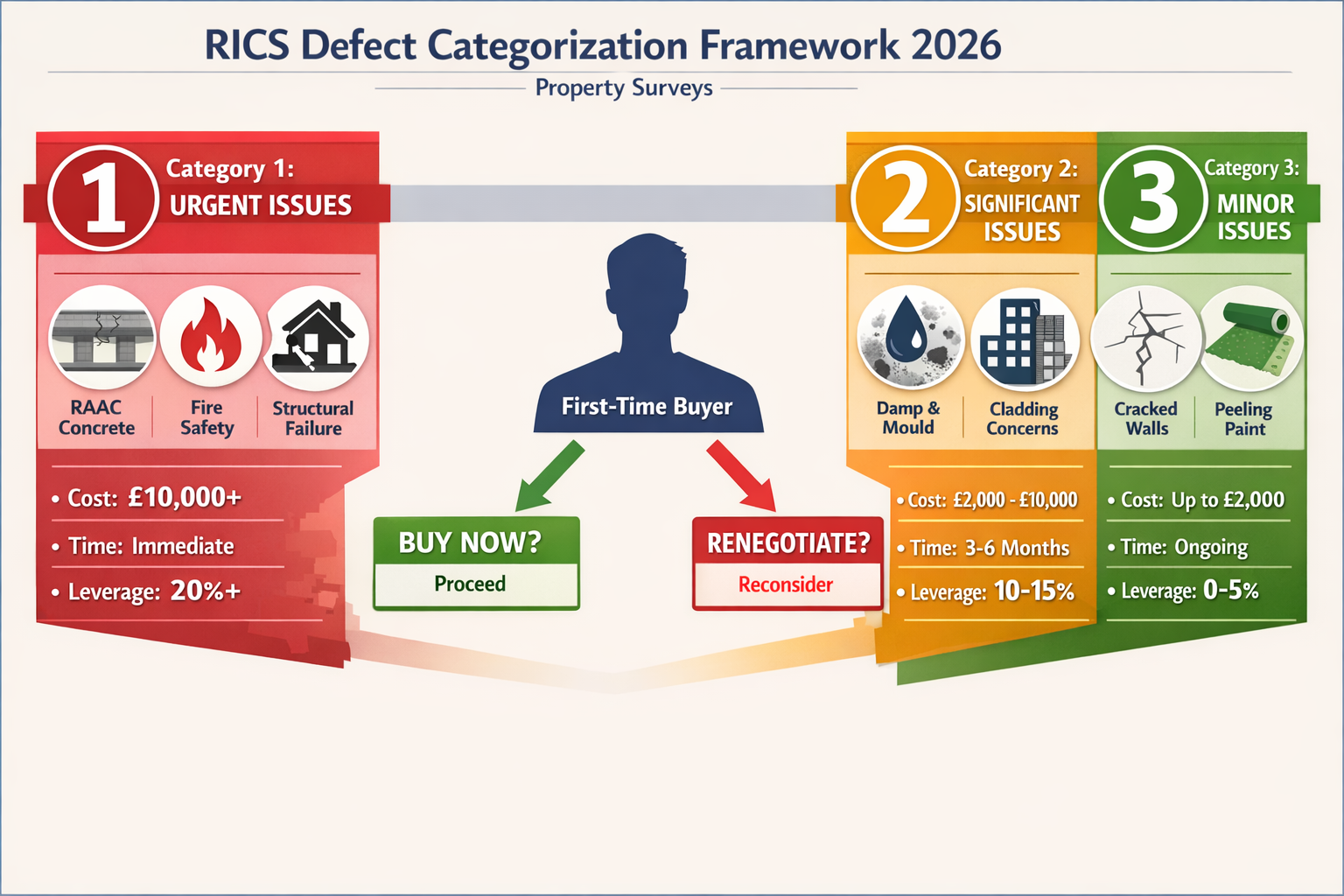 Comprehensive () infographic-style image displaying RICS defect categorization framework for 2026 property surveys. Visual
