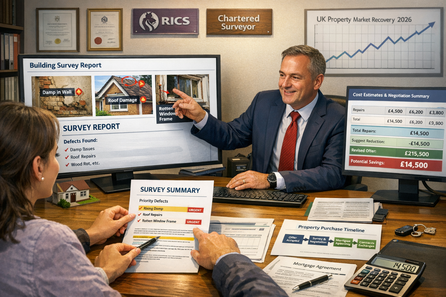 Detailed () image showing confident first-time buyer consultation scene in surveyor's office during 2026 market recovery.