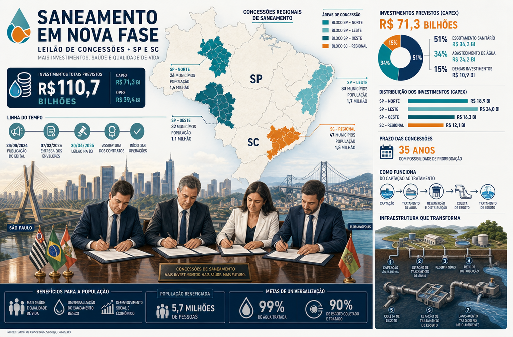 Detailed () infographic-style illustration showing a Brazilian sanitation concession auction timeline: government officials