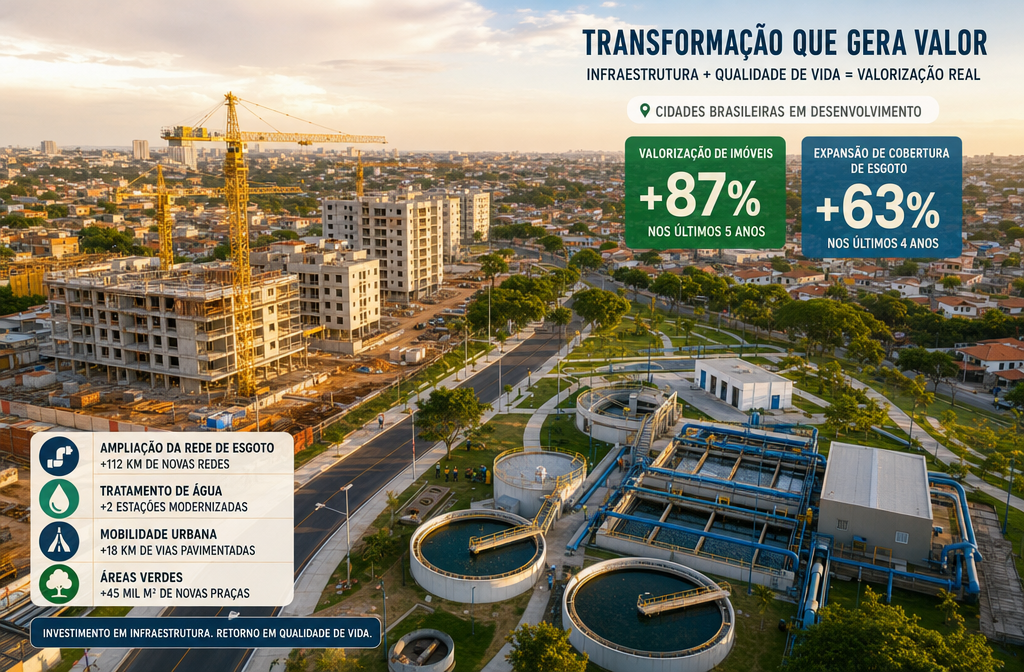 () aerial drone-perspective photograph of a Brazilian neighborhood undergoing rapid urban transformation: new mid-rise