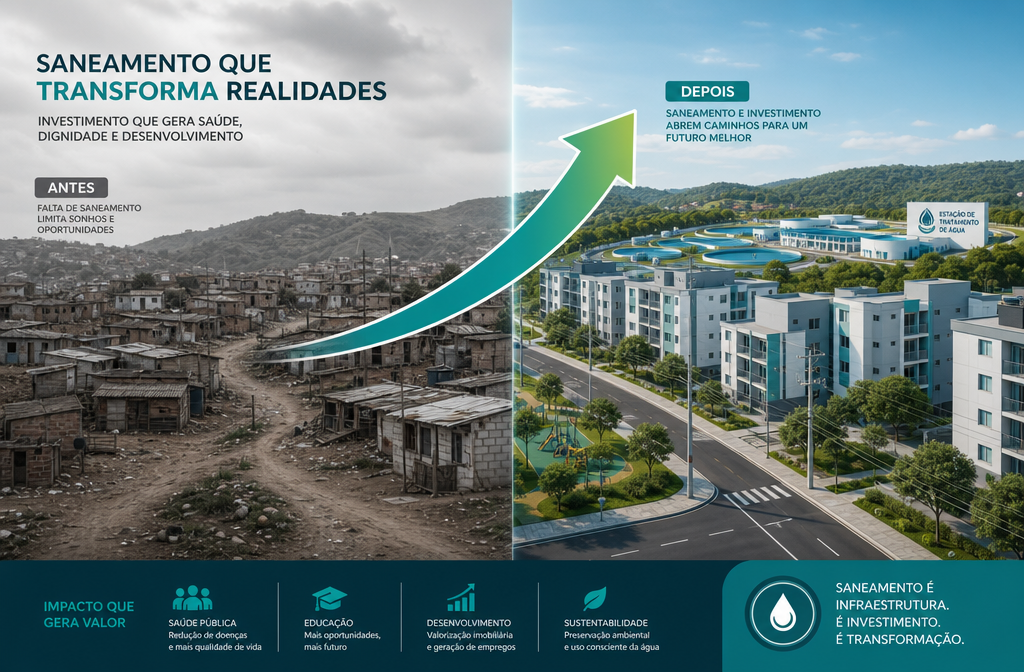 () split-scene composition showing left side: underdeveloped informal Brazilian neighborhood with unpaved streets and no