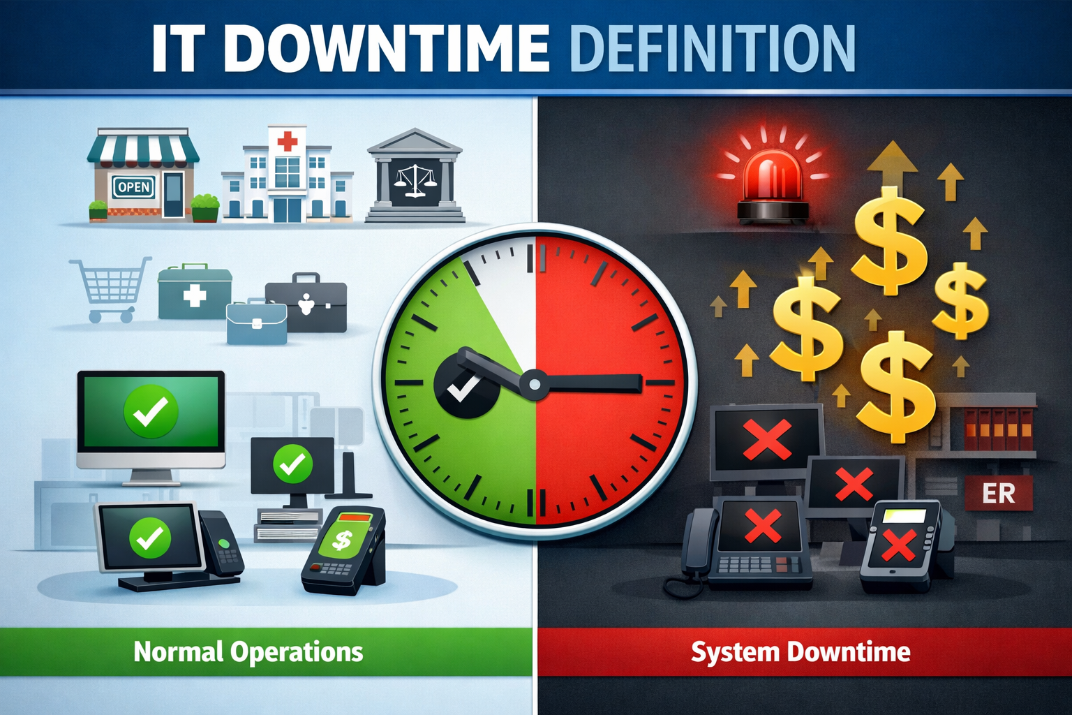 Landscape format (1536x1024) infographic showing IT downtime definition with split-screen visual: left side shows normal business operations