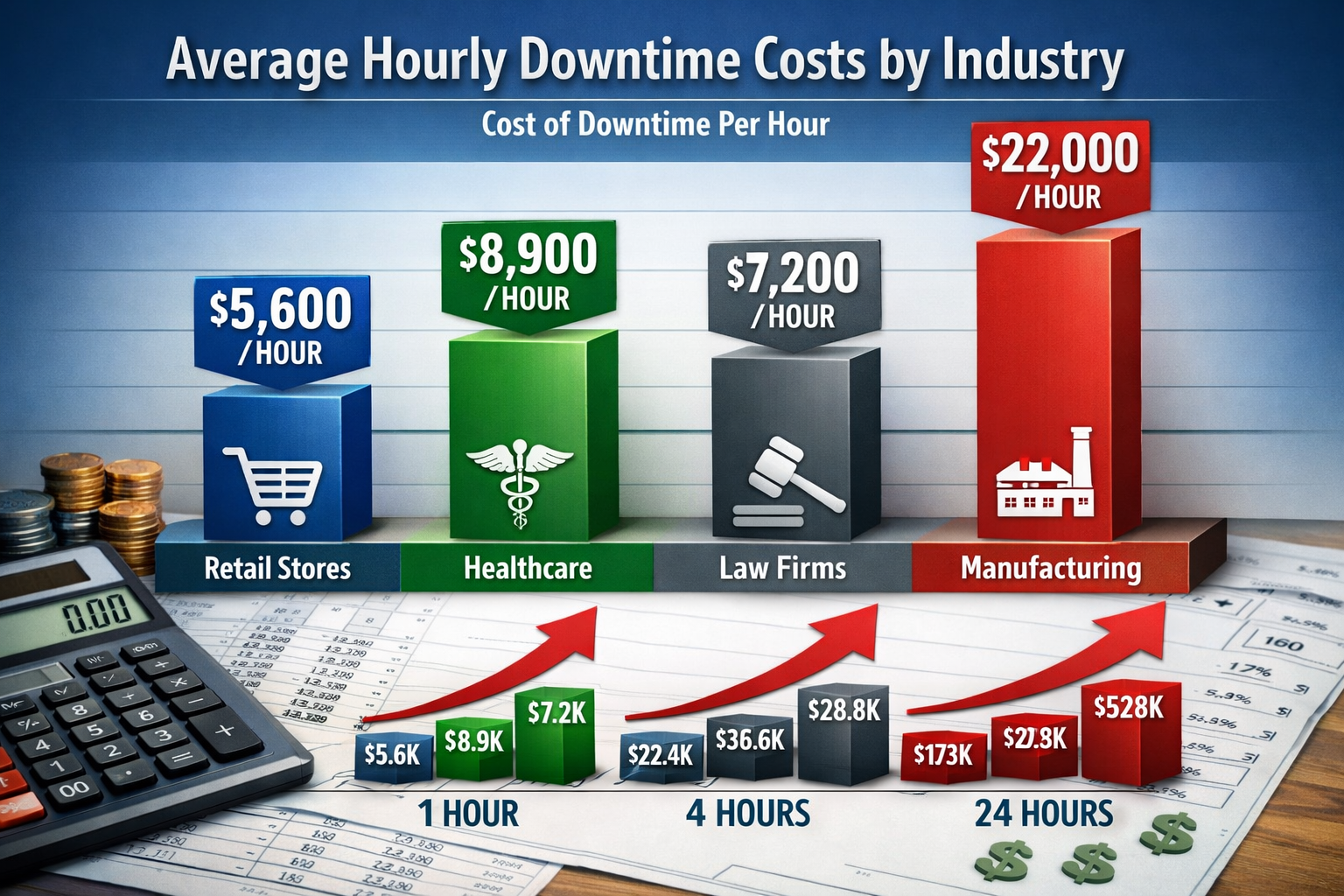 Detailed cost breakdown chart showing average hourly downtime costs by industry: retail stores ($5,600/hour), healthcare practices ($8,900/h
