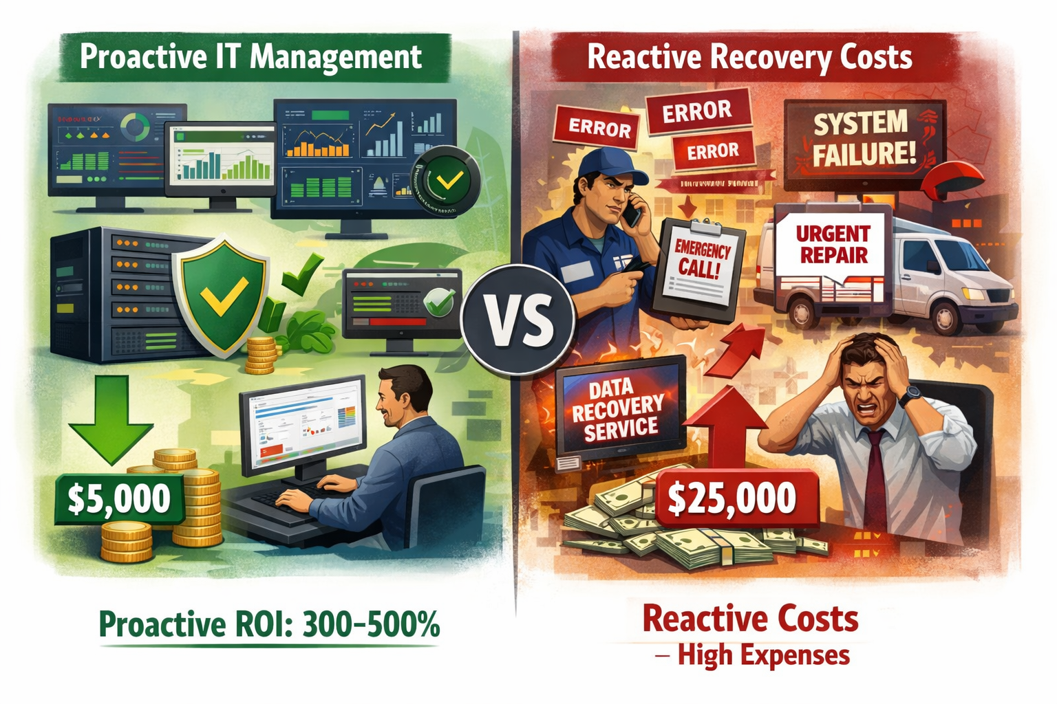 Split comparison visual showing proactive IT management versus reactive recovery costs. Left side: smooth operations with monitoring dashboa