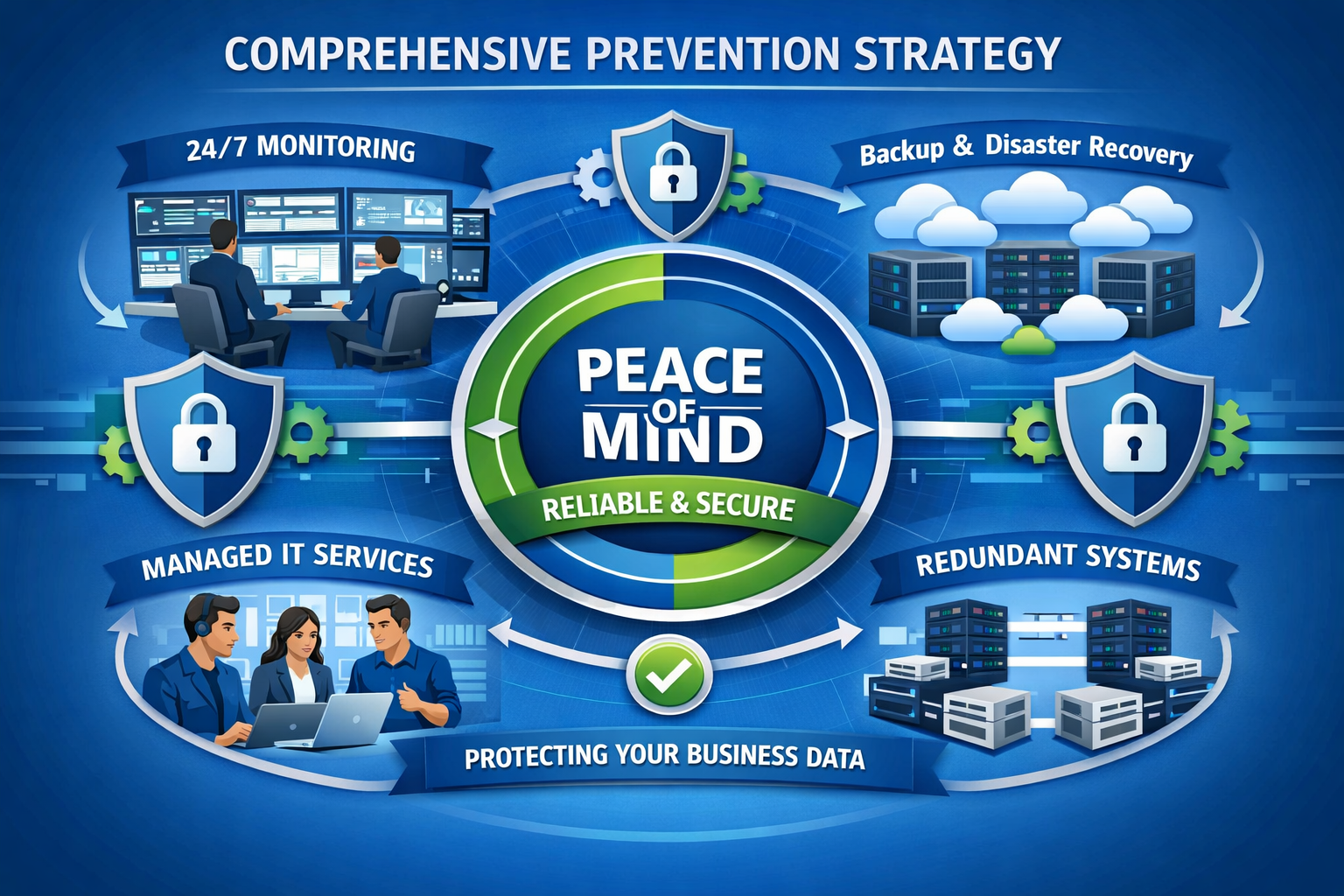 Comprehensive prevention strategy diagram showing layered security approach: 24/7 monitoring systems with dashboard screens, backup and disa