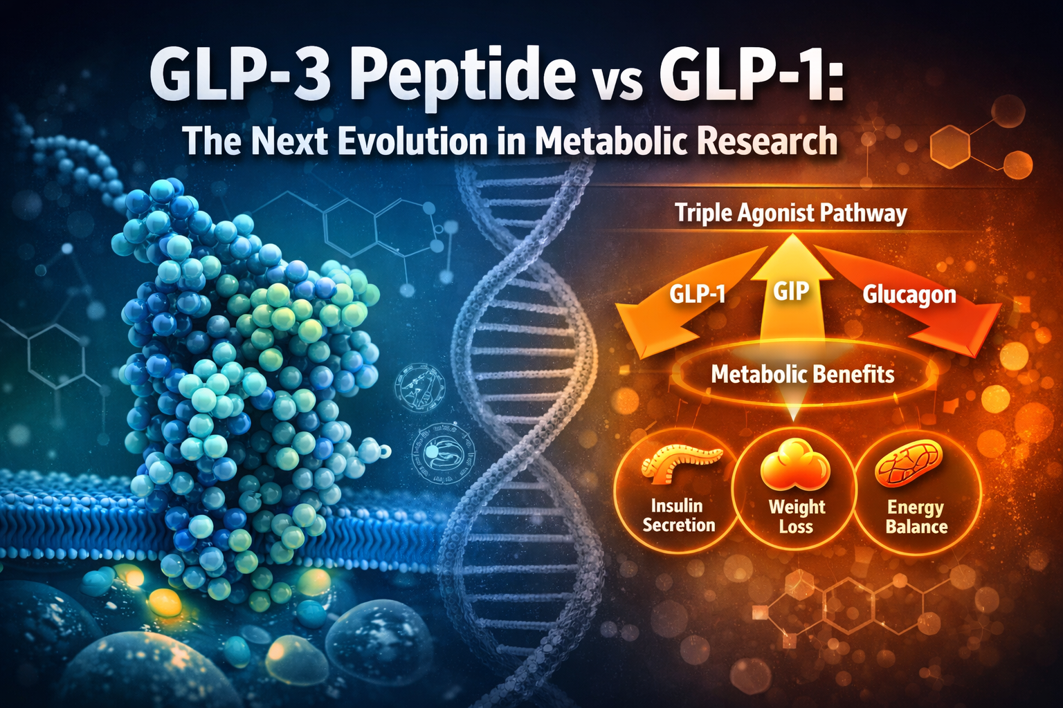 Professional landscape format (1536x1024) hero image featuring bold text overlay 'GLP-3 Peptide vs GLP-1: The Next Evolution in Metabolic Re