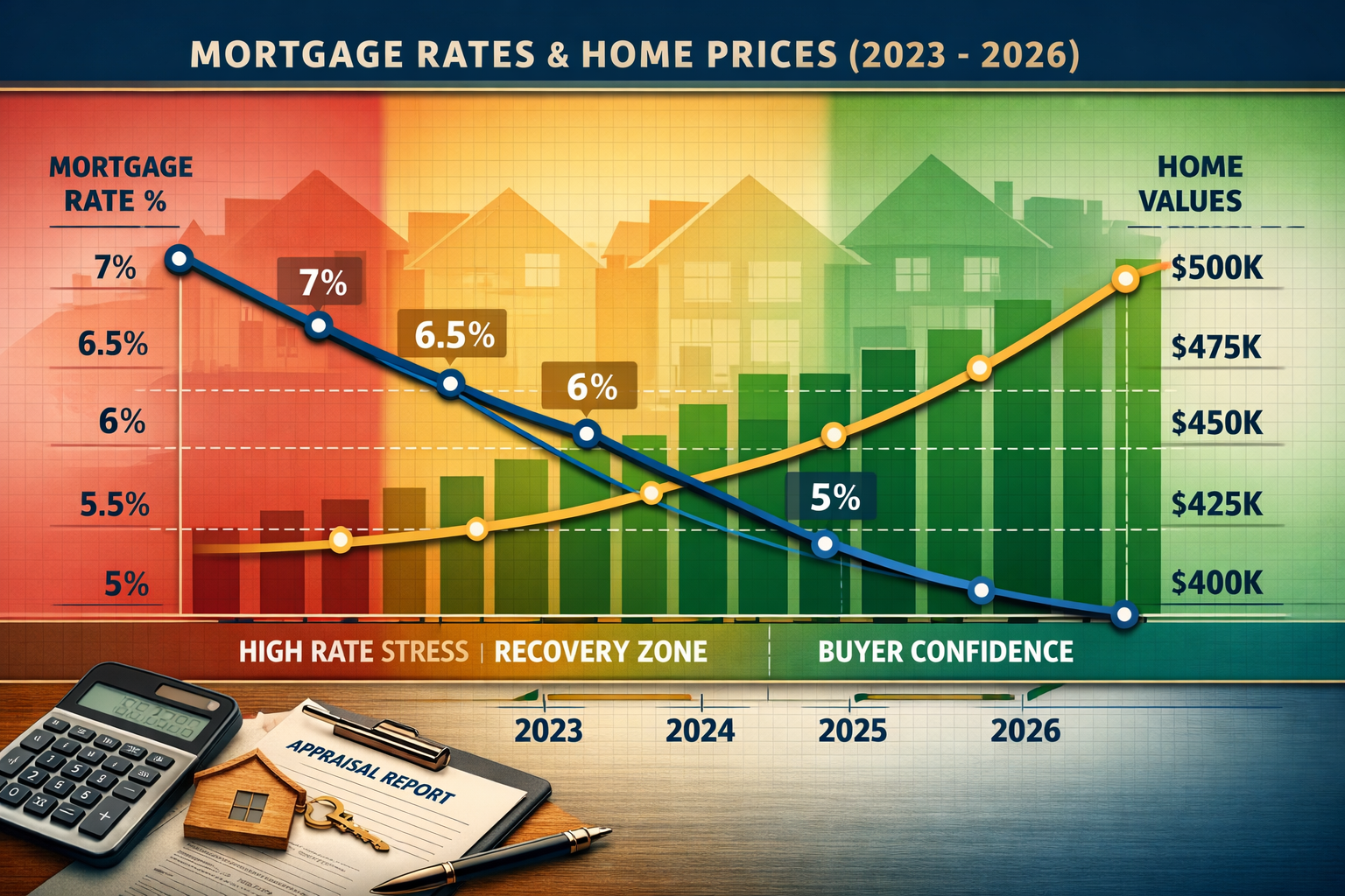 Landscape format (1536x1024) detailed infographic-style visualization showing the direct correlation between mortgage rate fluctuations and