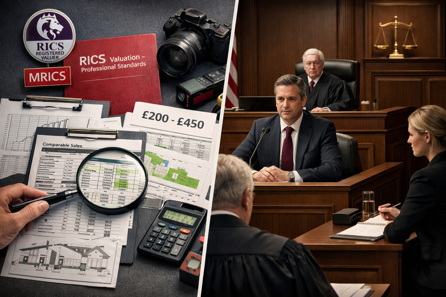 Landscape format (1536x1024) professional composition depicting the expert witness qualification and testimony process, showing a split-scre