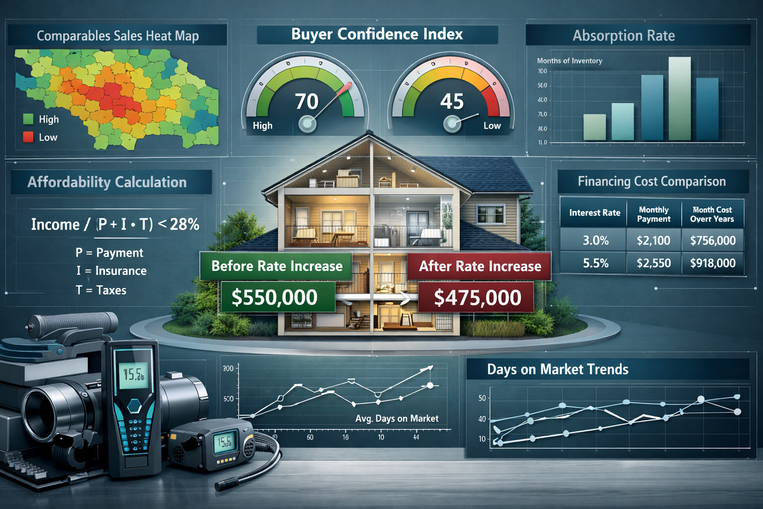 Landscape format (1536x1024) detailed visual representation of the quantification methodology for mortgage rate impact on property prices, f