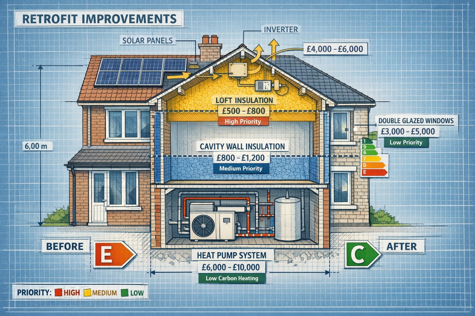 () cutaway architectural illustration of UK semi-detached house showing retrofit improvement zones: loft insulation in