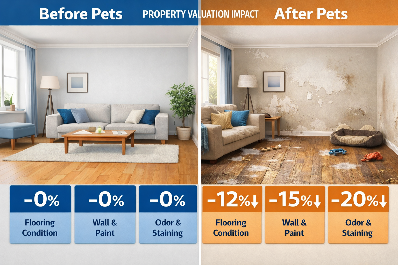() infographic-style image showing a split-panel comparison: left side displays a pristine rental property interior before