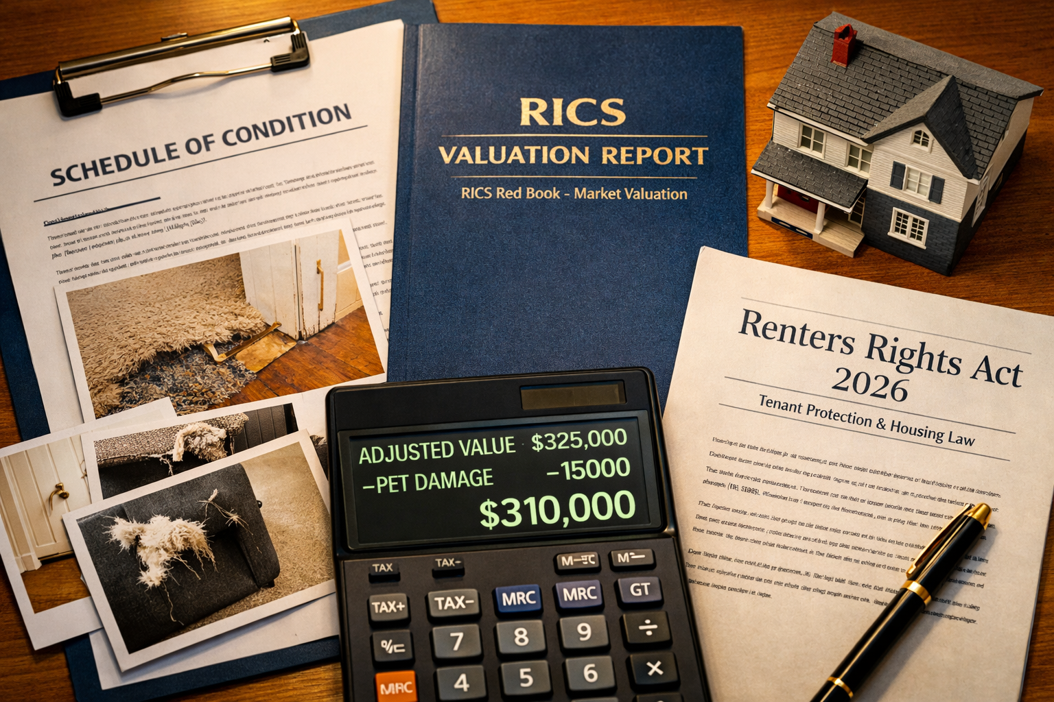 () close-up overhead shot of a surveyor's desk with a Schedule of Condition report document, RICS Red Book valuation report,