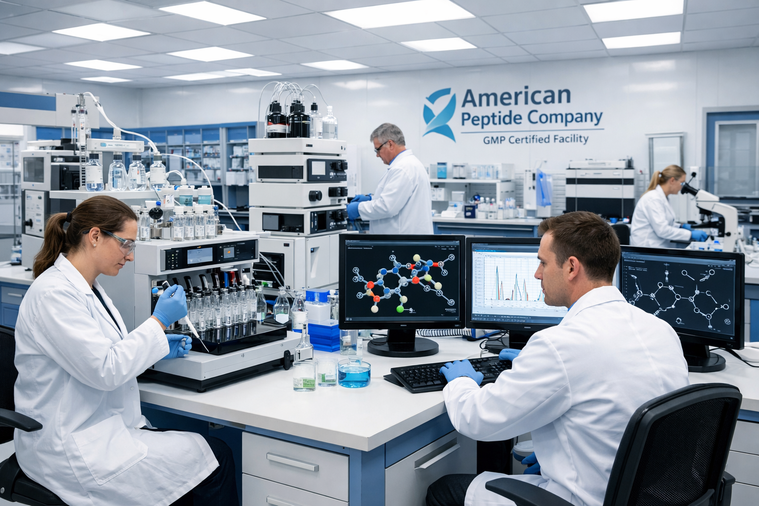 Modern biotechnology laboratory interior showing peptide synthesis equipment, HPLC machines, and quality control stations with scientists in