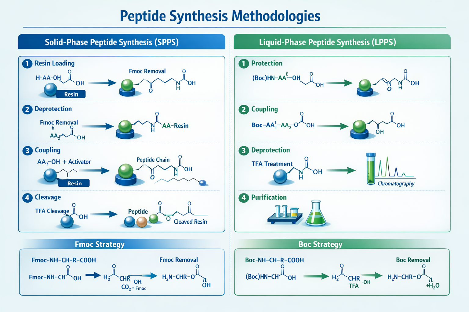 Detailed infographic showing peptide synthesis methodologies including solid-phase peptide synthesis (SPPS) and liquid-phase peptide synthes