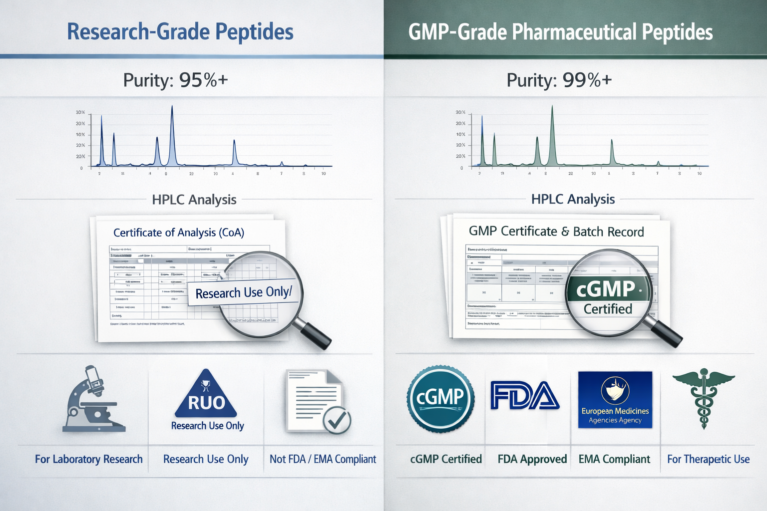Split-screen comparison showing research-grade peptides versus GMP-grade pharmaceutical peptides with purity percentages, quality control ce