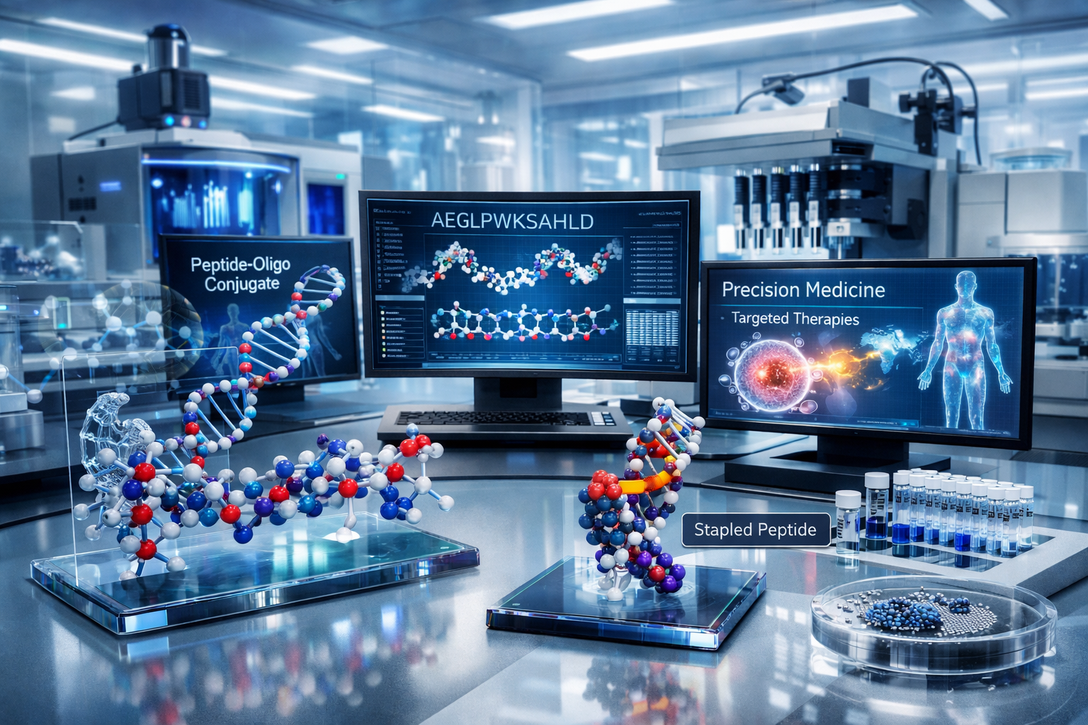 Futuristic peptide research laboratory showing emerging technologies including peptide-oligonucleotide conjugates, stapled peptides, and pre