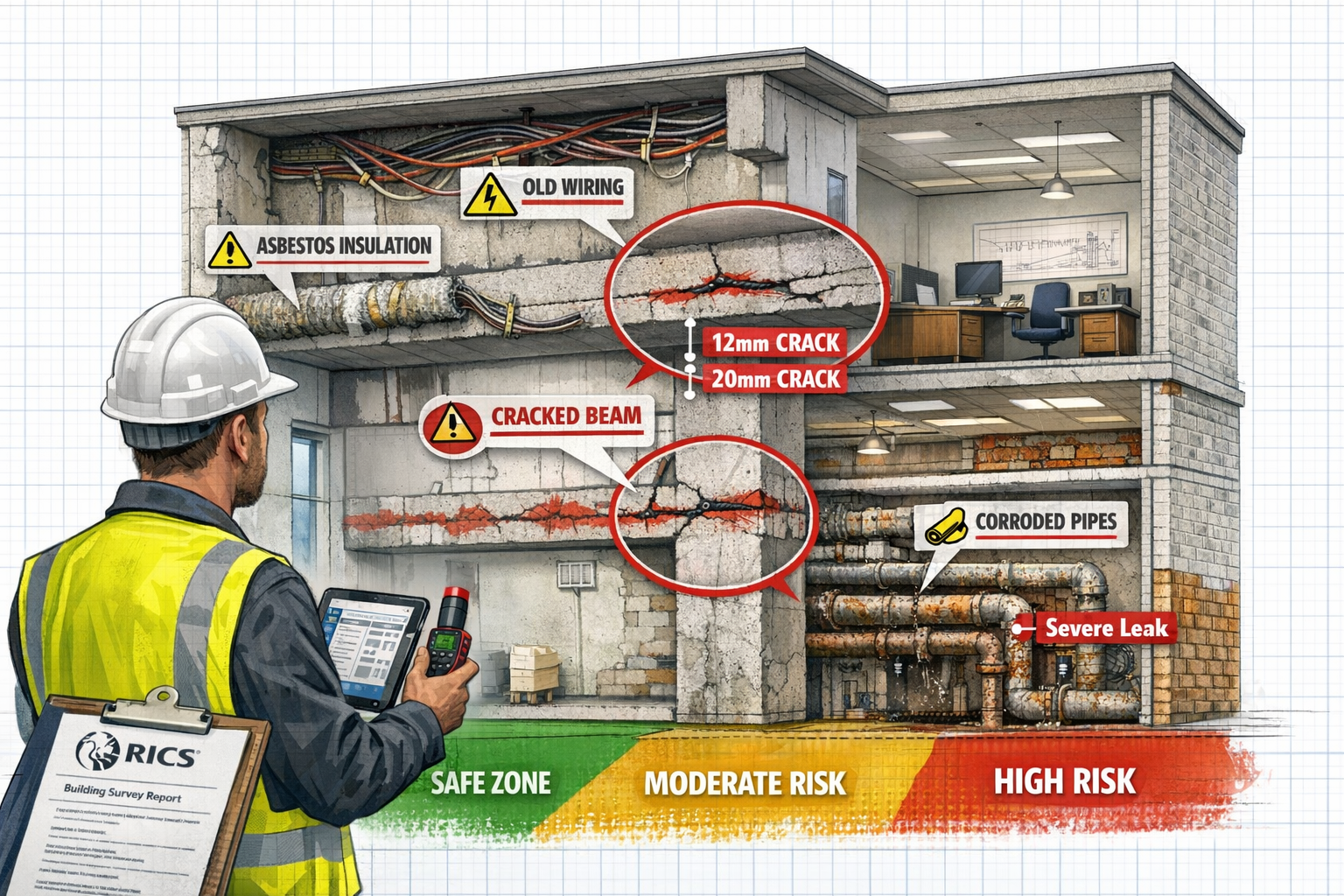 () detailed technical illustration showing cross-section cutaway view of a converted office building revealing hidden