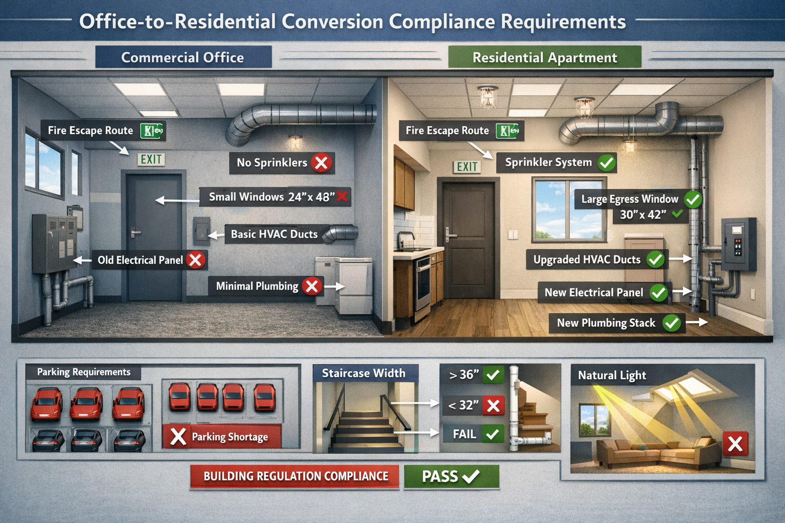 () comprehensive infographic-style image displaying office-to-residential conversion compliance requirements matrix. Central