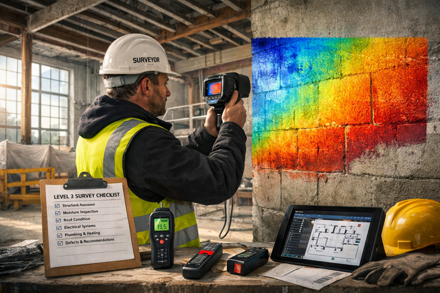() dynamic scene showing professional building surveyor conducting Level 3 full building survey in partially converted