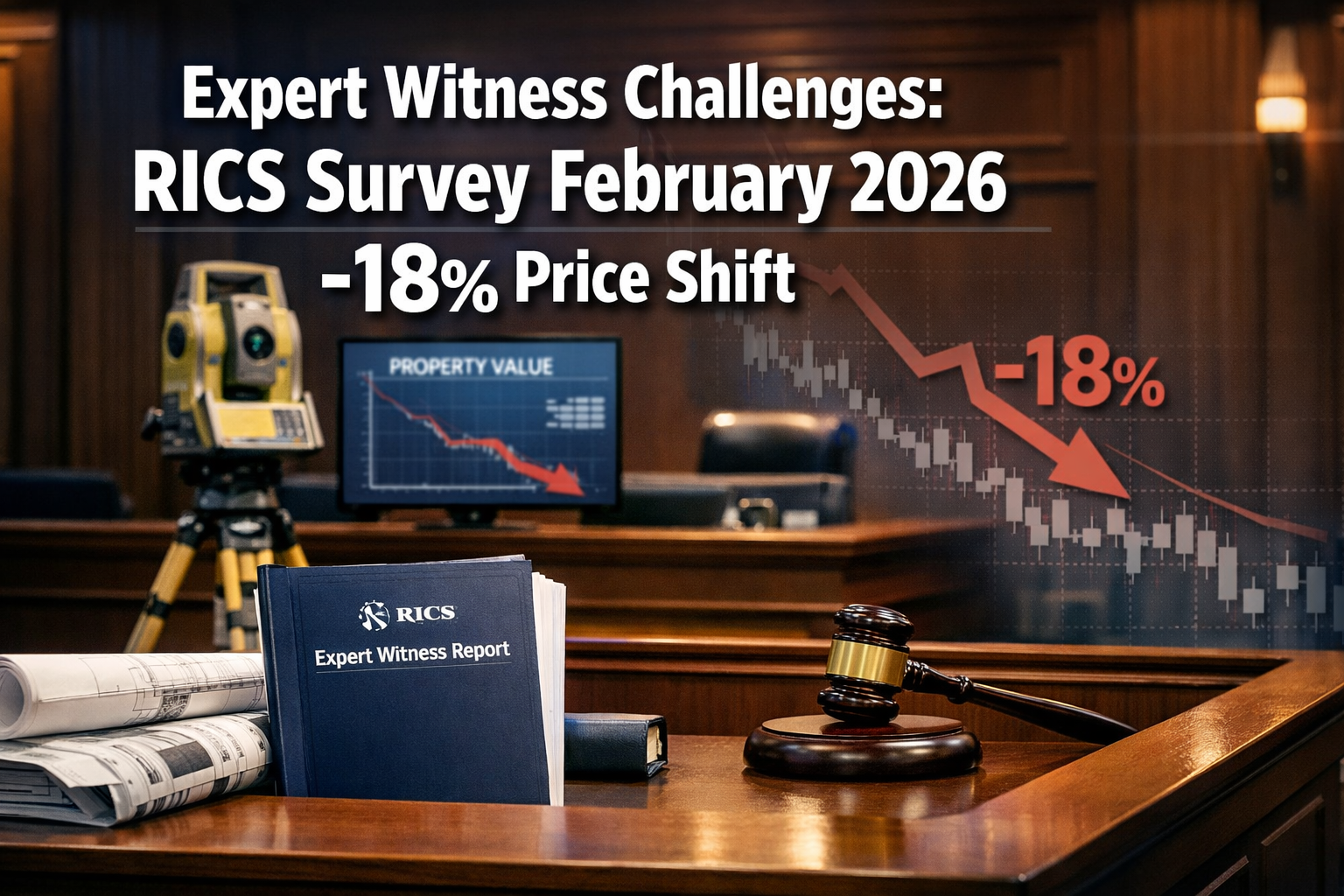 Professional () hero image featuring 'Expert Witness Challenges: RICS Survey February 2026 -18% Price Shift' in extra large