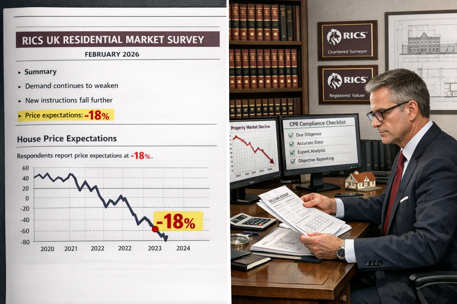 Detailed () image showing split-screen composition: left side displays February 2026 RICS survey document with highlighted
