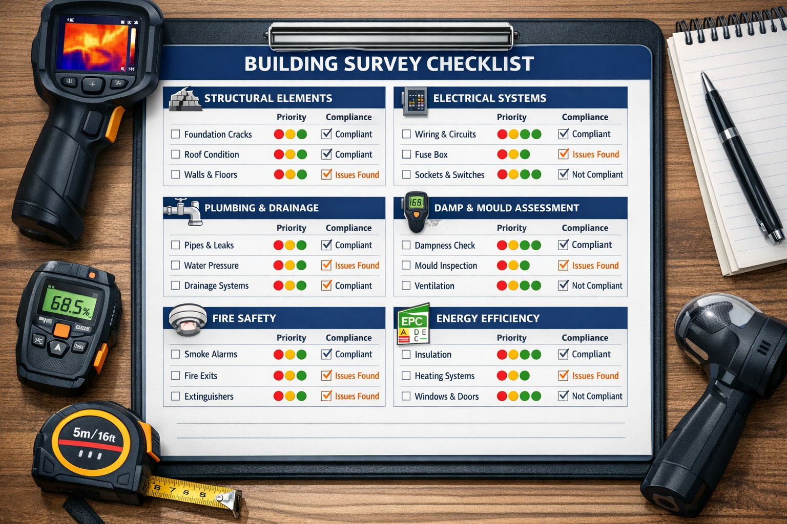 () detailed infographic showing comprehensive building survey checklist layout with multiple inspection categories. Visual