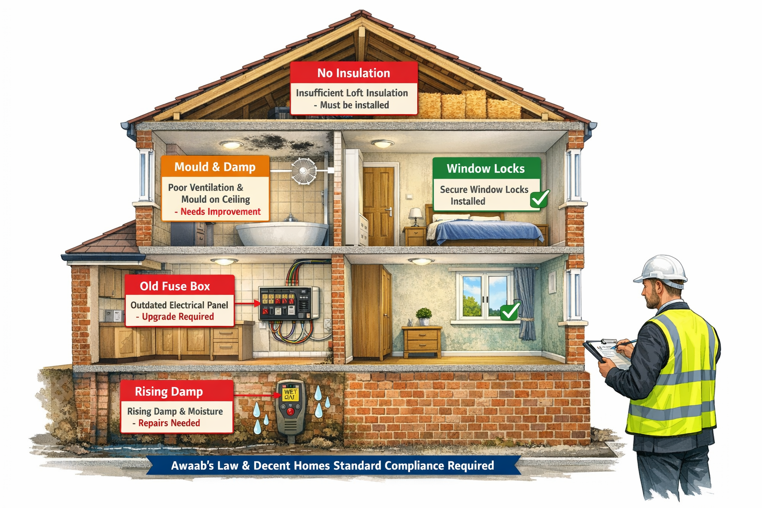 () detailed cutaway illustration of UK rental property showing common hazards and compliance issues landlords must address.