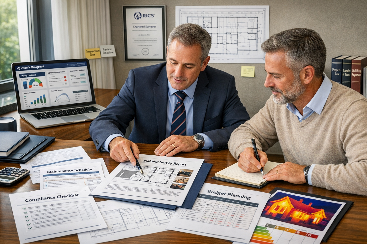 () professional photograph of landlord and chartered surveyor reviewing comprehensive building survey report together at