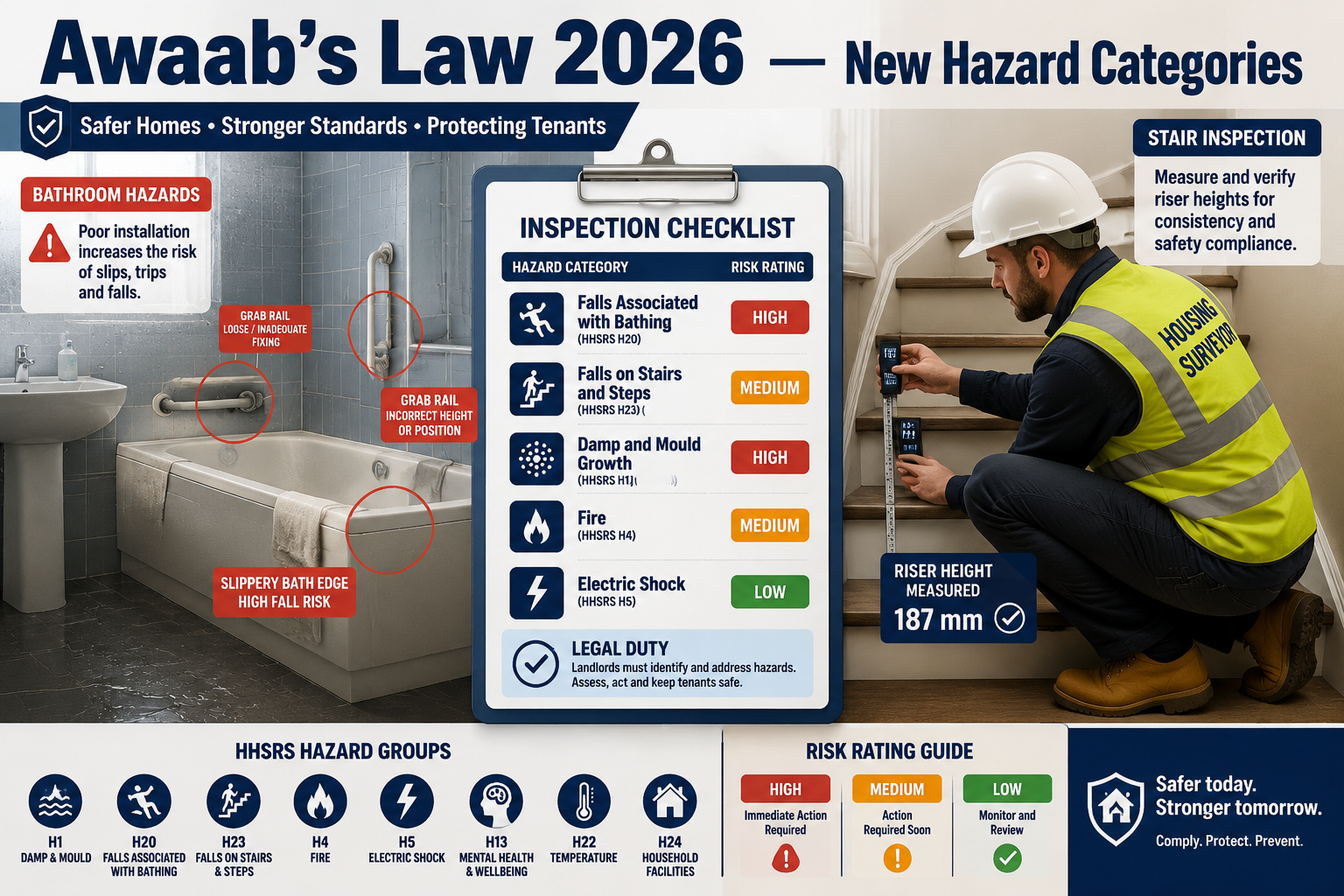 Wide-angle () editorial illustration showing a detailed inspection checklist infographic overlaid on a split-scene