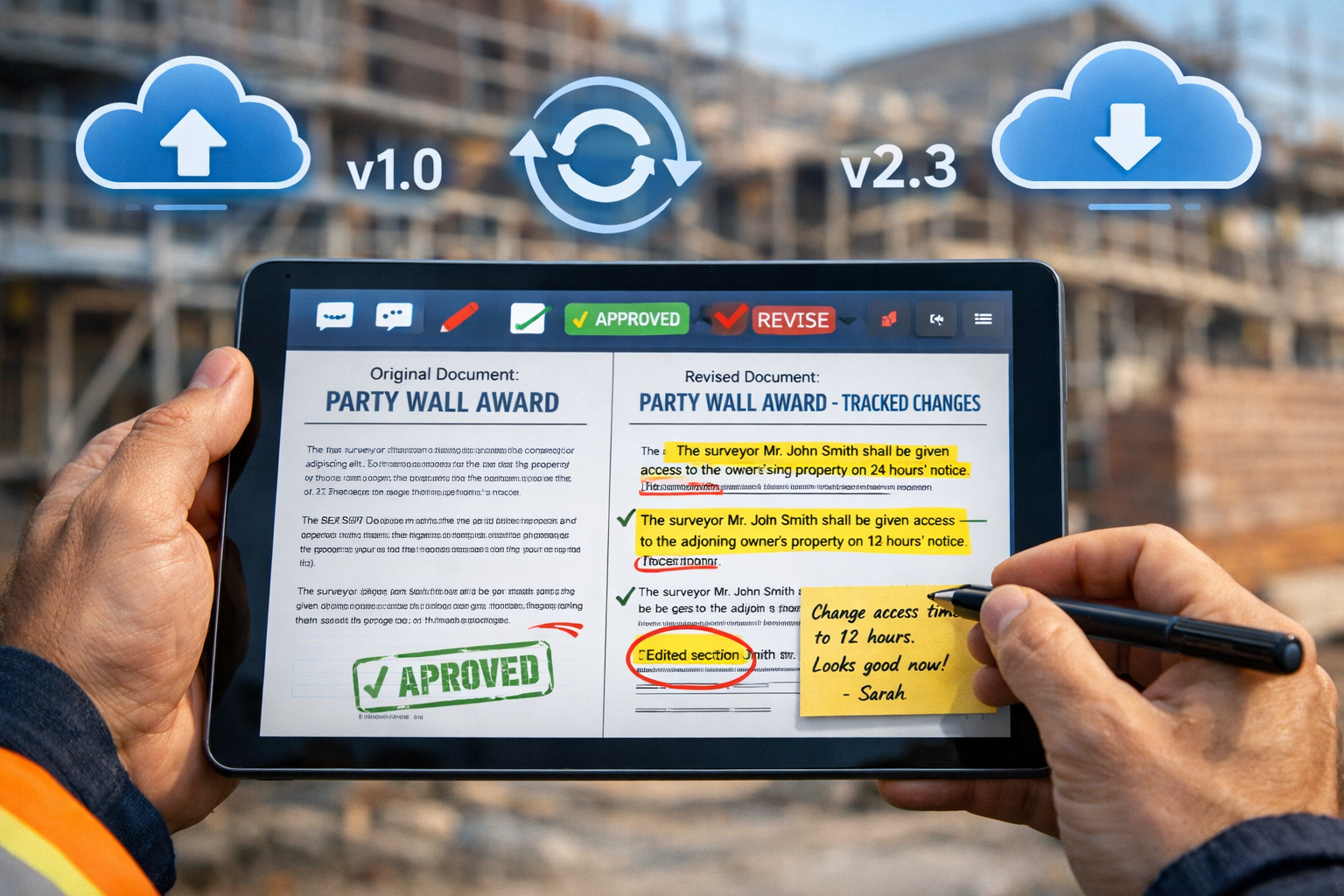 Detailed () editorial image showing close-up view of surveyor's hands holding tablet device displaying interactive party
