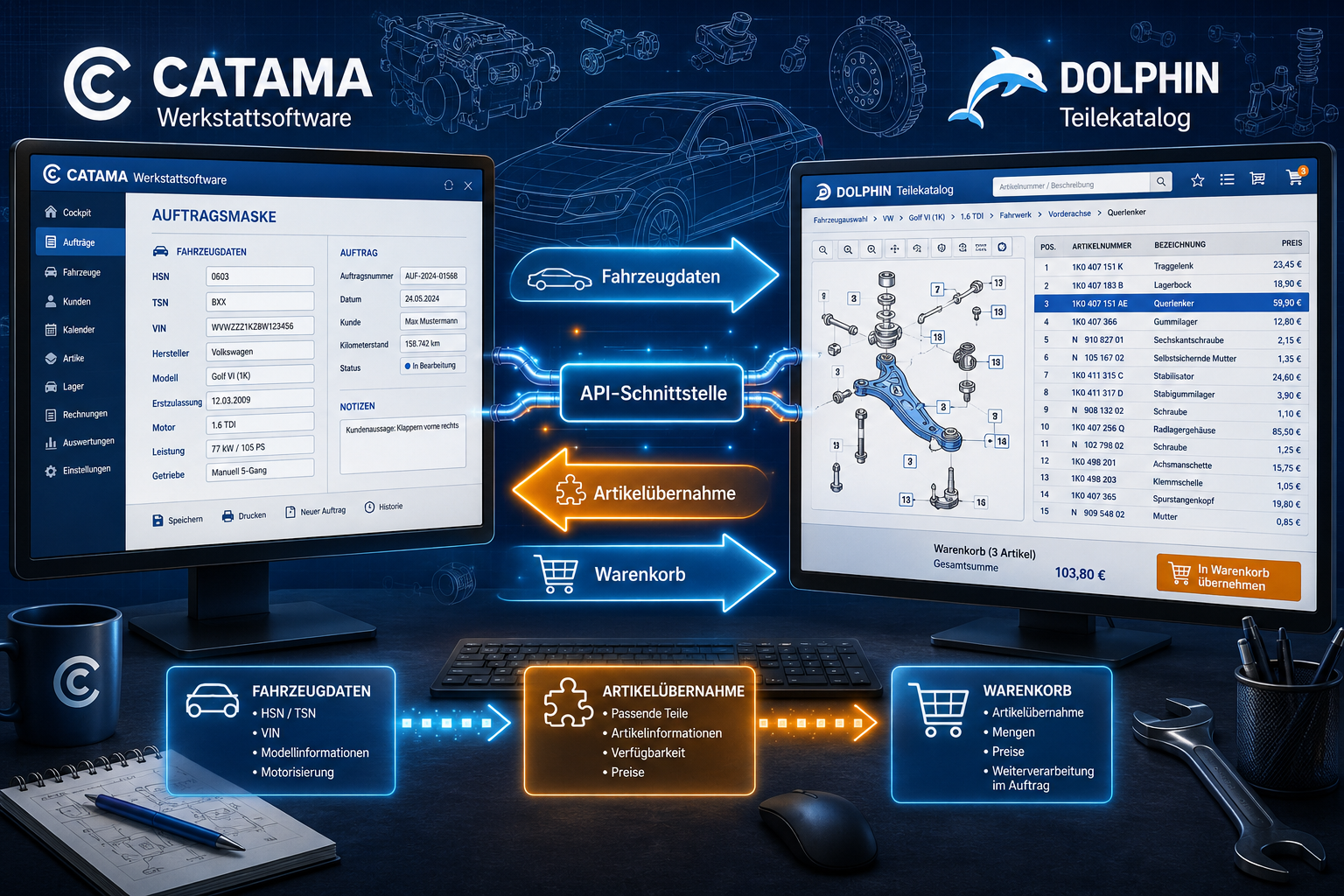 Detailed illustration showing the API data flow architecture between CATAMA workshop software and the Dolphin parts catalog.