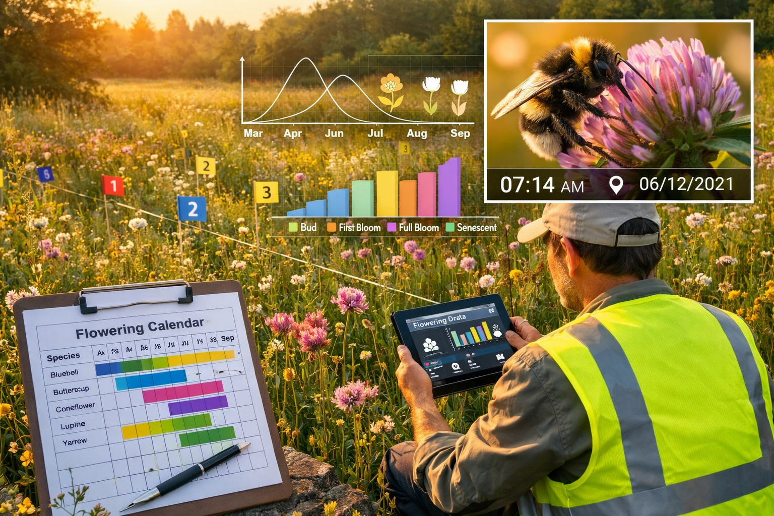 Detailed () image showing scientific field survey setup in wildflower meadow with researcher in high-visibility vest using