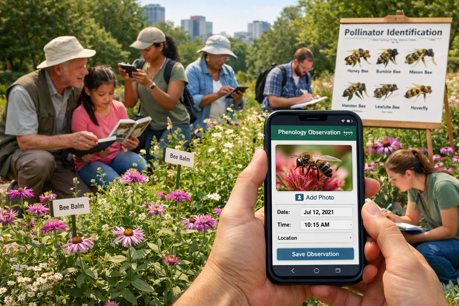 () image showing community science in action with diverse group of citizen scientists of various ages conducting pollinator